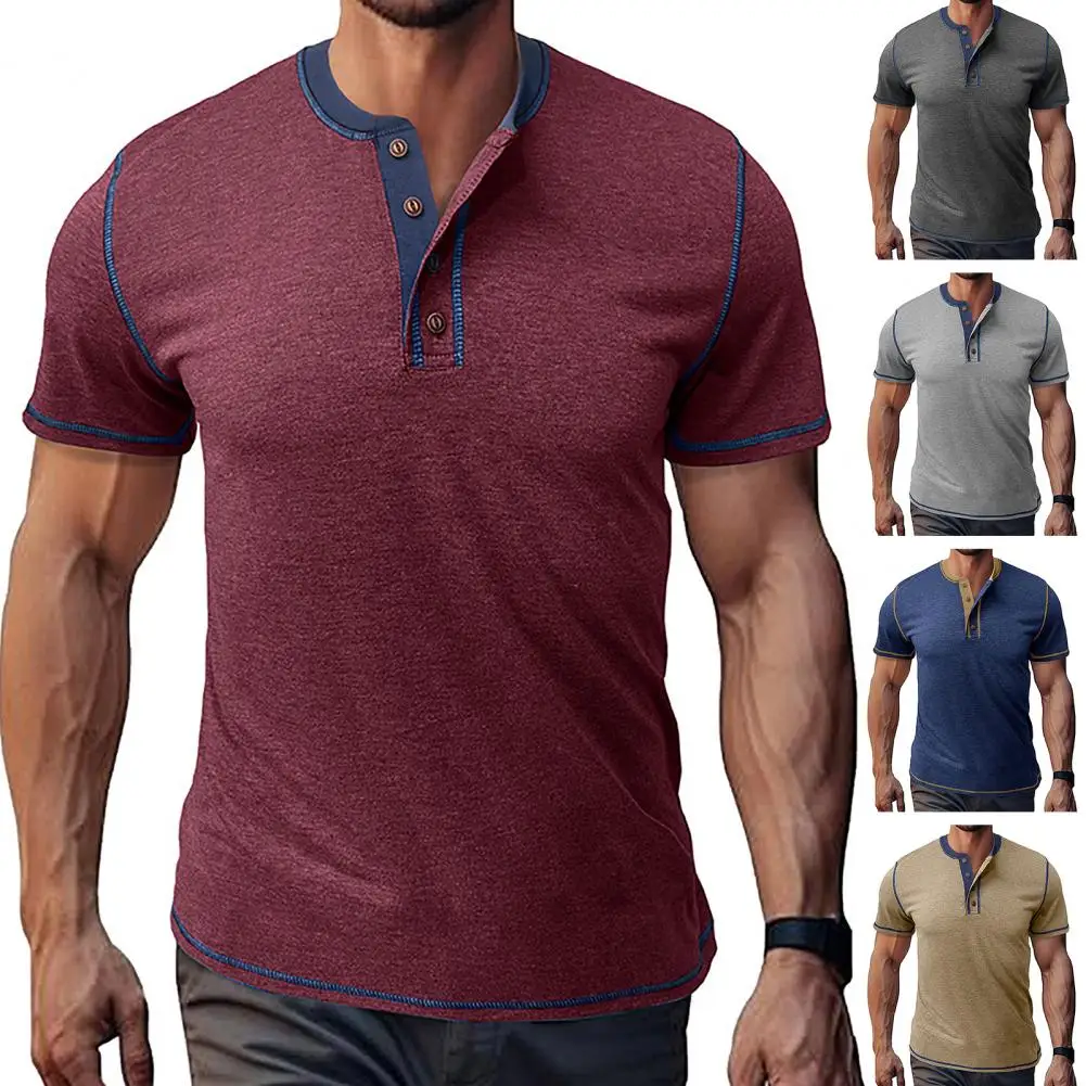 2026 Men's Summer Casual Short-sleeved T Shirts Pure Buttoned V Collar Tops Vintage Patchwork Striped Tees For Men For Gym
