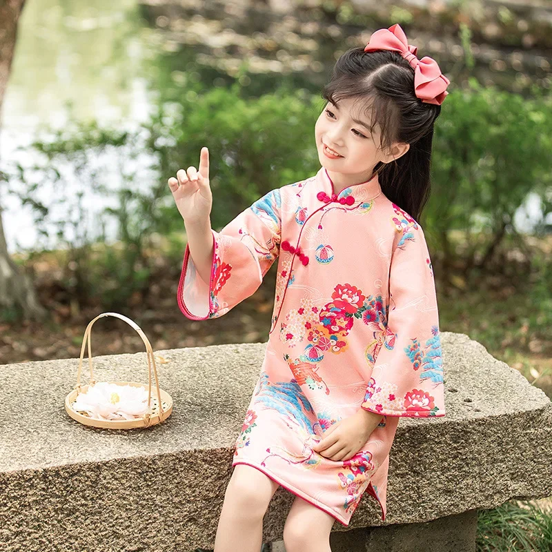 Girls Dress 2023 Autumn Winter Long-sleeved Cheongsam for Kids Children Chinese Style Princess Dress Tang Suit Hanfu Clothes