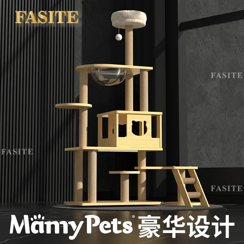 For Cat Climbing Frame Solid Wood Sisal Large Cat Tree Villa with Space Capsule Nest Jumping Platform Integrated Household