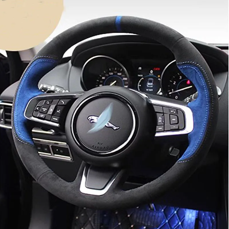 Hand-stitched Non-slip Black Blue suede Car Steering Wheel Cover For Jaguar XFL XE XJL F-PACE XKR