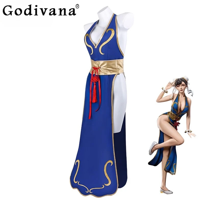 فستان رقص كوسبلاي أزرق برقبة رسن وفتحة عالية من شيونغسام فستان نسائي مثير لعبة مقاتلة الشارع فستان الهالوين للفتيات