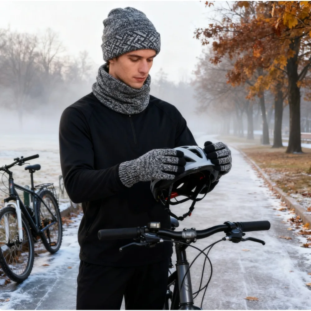 

Унисекс, толстый флисовый комплект из трех предметов, вязаный шарф, шапка, перчатки, теплый осенне-зимний морозостойкий шерстяной комплект