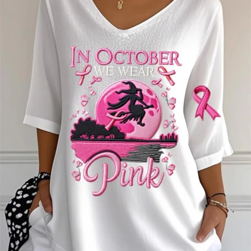 

Halloween Fashion Pumpkin Witch Print Sexy V-neck Women's New Casual Loose Version Mid Long Sleeved Pullover T-shirt Top