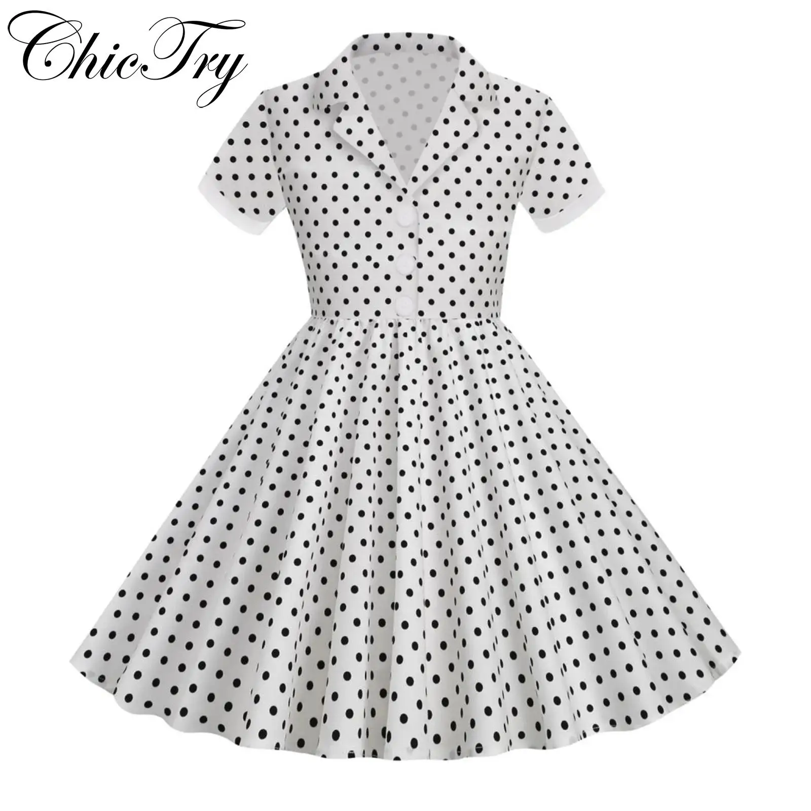 

Kids Girls 50s Vintage Cosplay Dress Notch Lapel Short Sleeve A-line Dress Retro Polka Dots Dress Holiday Roleplay Party Dress