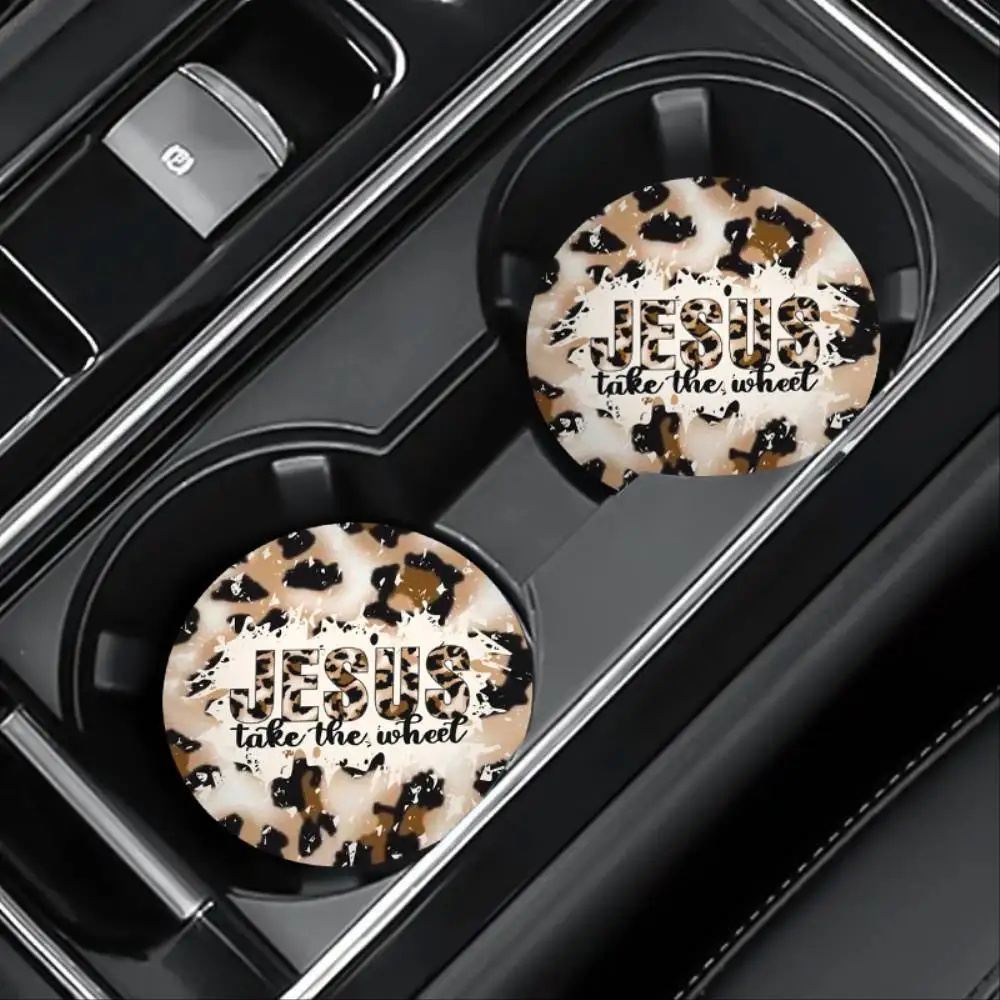 JESUS Leopard Print EVA Car Coasters Non-slip Drink Cup Mats Automotive Interior Accessories