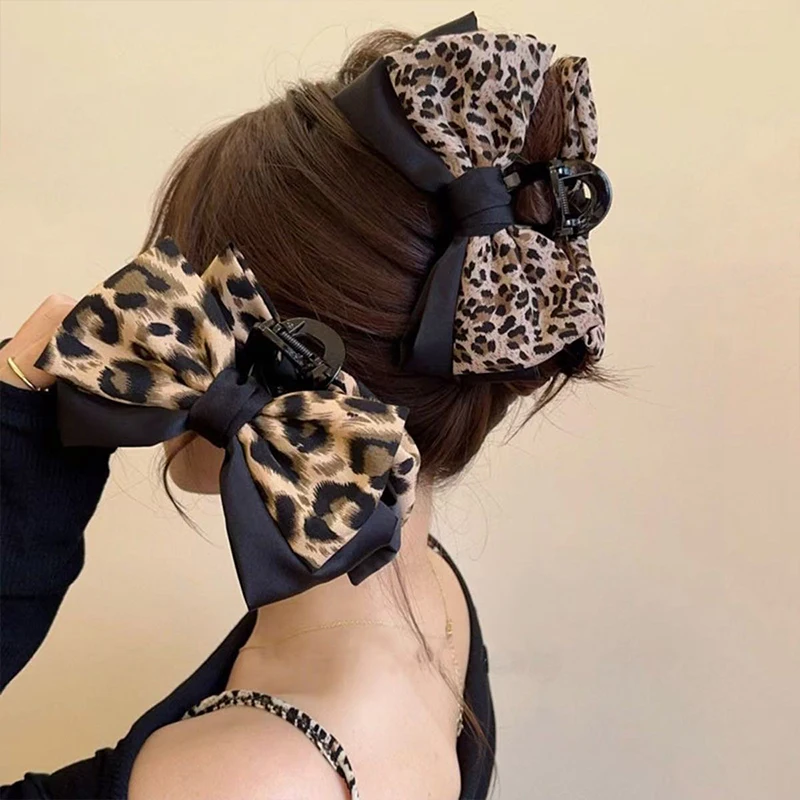 1pc elegant classic stylish leopard print element hair claw, double-layer fabric leopard print bow hair claw shark clip