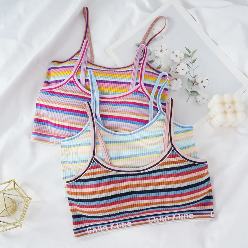 Children's Camisoles Striped No Steel Ring Tank Top with Padded Girls Training Bra Development Period Teenager Girl Underwear