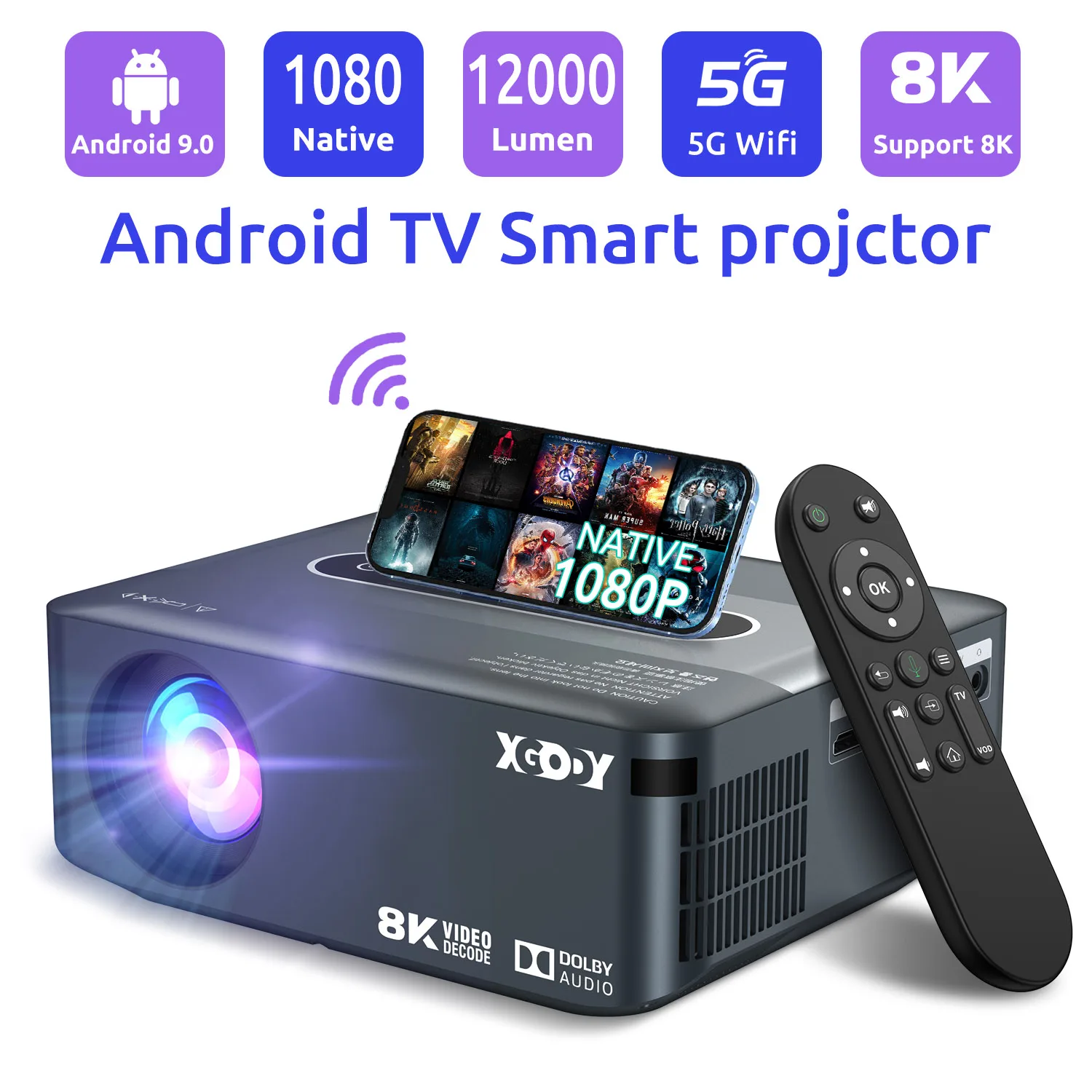 XGODY X1 Grey Full HD 1080P Projector WiFi LCD LED 8K Video Movie Beam Android Projector Home Theater Cinema Beamer 2GB 16GB