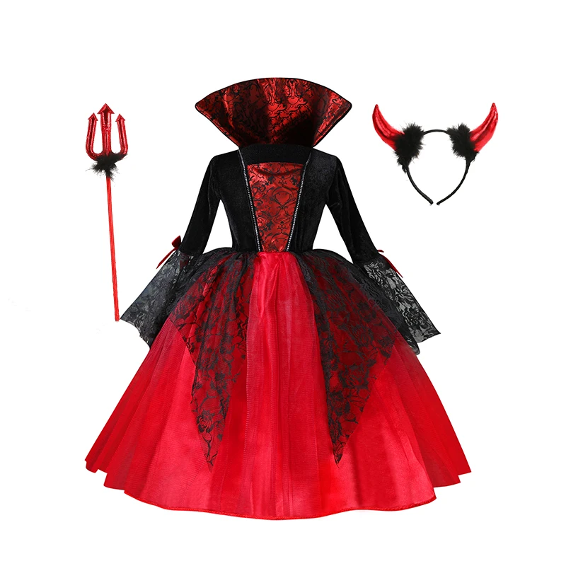 Teufel-Kostüm für Mädchen, langes Spitzenkleid, Federflügel, Horn-Stirnband, Dreizack-Zauberstab für Halloween-Cosplay-Bühnenauftritte – Detail 14