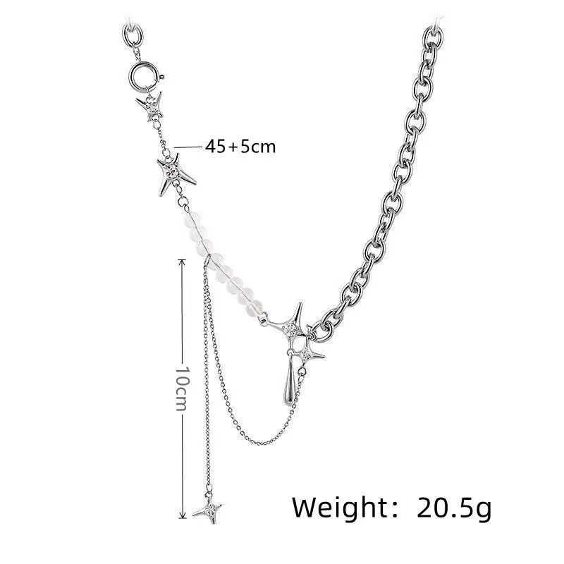 1pcs Silver-plated Necklace Ladies Light Luxury Punk Style Teardrop Mansard Tassel Pendant Hand-beaded O Shaped Round Chain