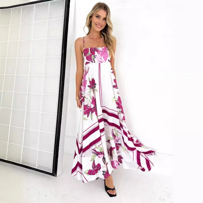 HMR-Sleeveless Bohemian Spaghetti Strap Floral Maxi Dress, Square Collar, Summer, Super Long, Casual, Independent Station, W