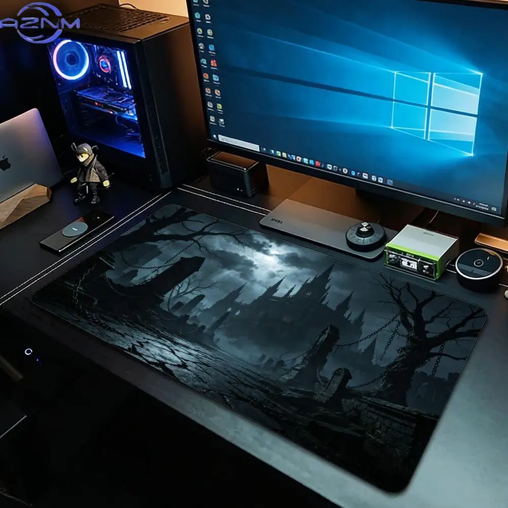 Dark Spooky Castle Large Gaming Mouse Pad, Gothic Haunted Scenery Non‑Slip Extended Rubber Desk Mat