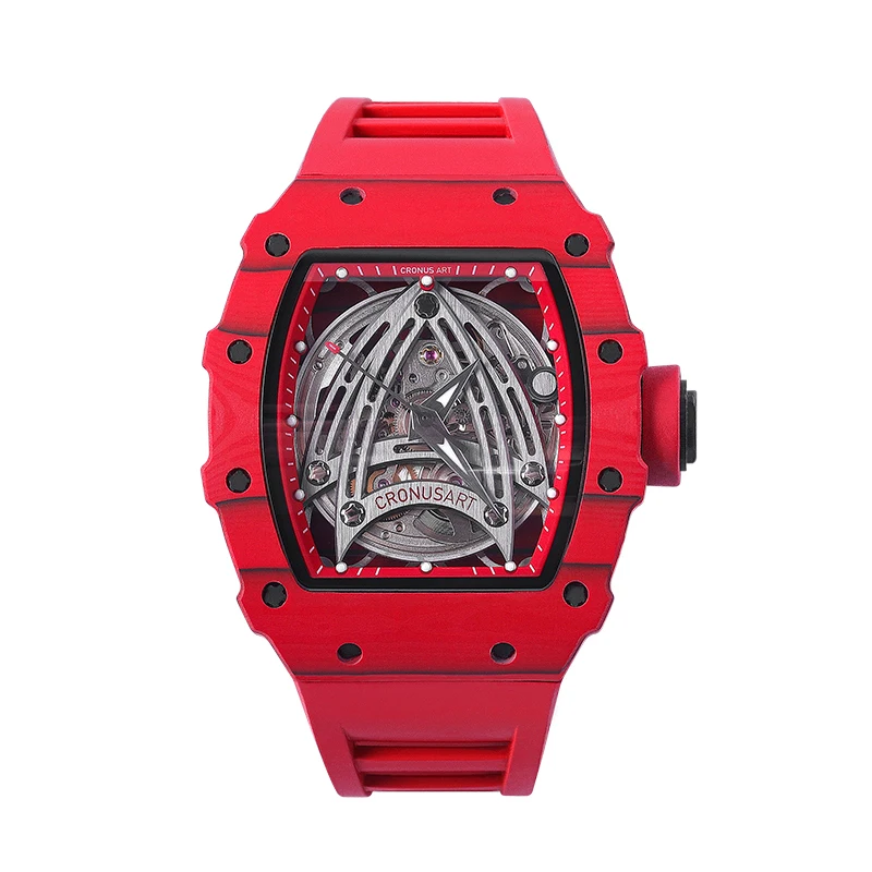 

CRONUSART Men Automatic Watch Luxury Tonneau Mechanical Wristwatch Carbon Fibre Case Fluororubber Strap Luminous Skeleton Dial