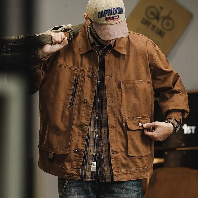 

American Retro Brown Workwear Jaet Men's Turn-down Collar Trendy Loose Pure Cotton Hard Man Sle Hunting Denim Coat