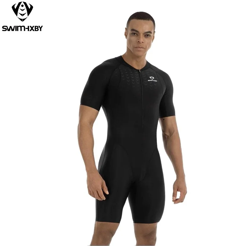 Men'S Short Sleeve Competitive Swimwear Durable Waterproof One Piece Racing Swimsuit For Professional Training Competition