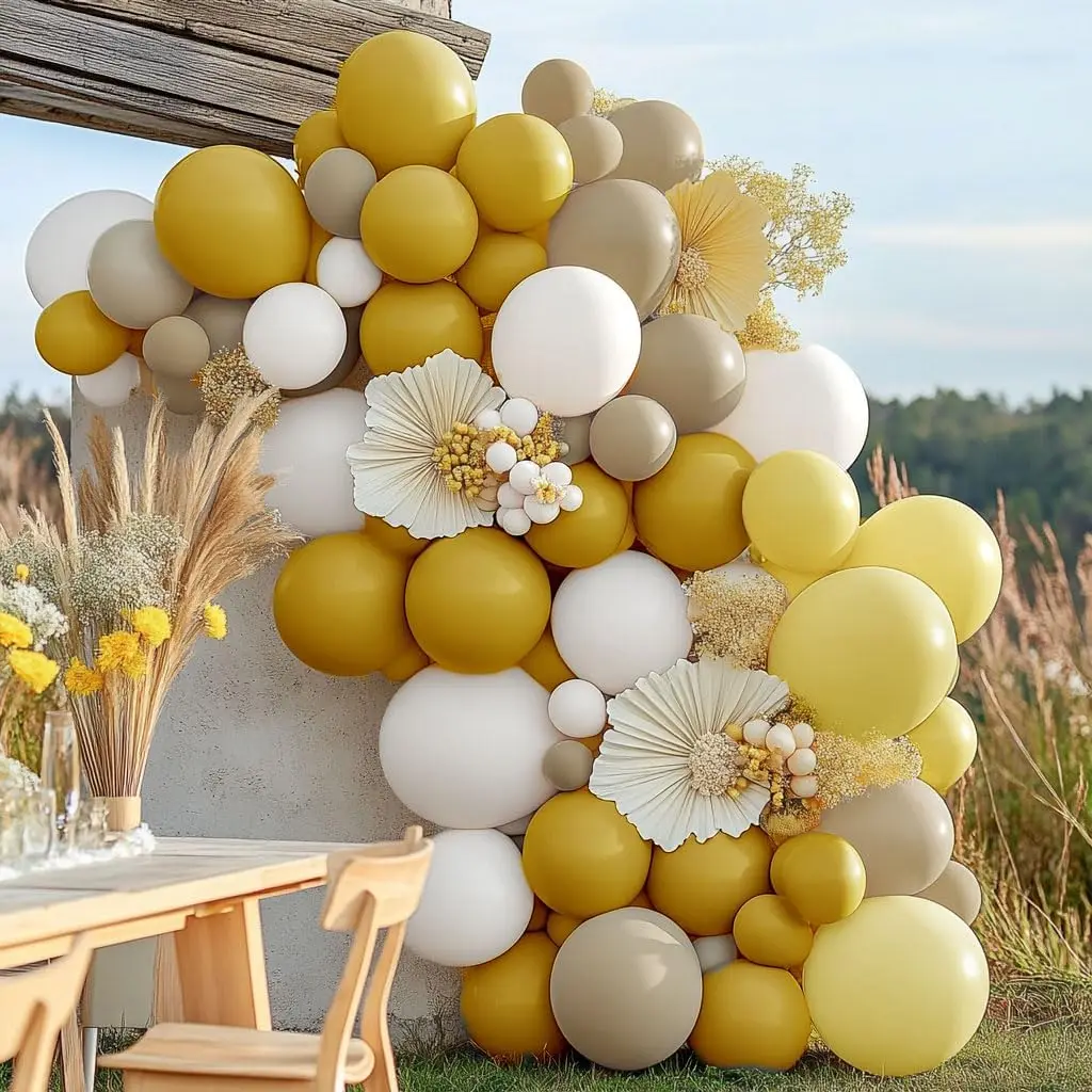 겨자 노란색 풍선 화환 키트 모래 흰색 노란색 파스텔 풍선 생일 베이비 샤워 성별 공개 Boho Bee Party Decora
