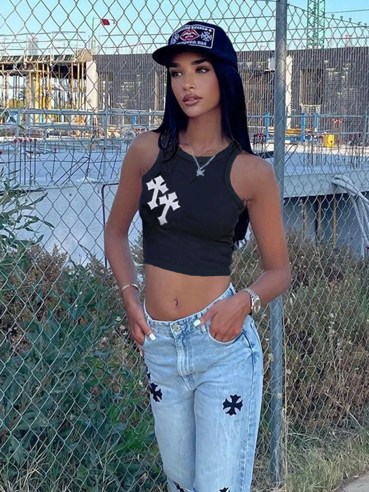 HOUZHOU Summer Tank Tops Women Bodycon Sleeveles High Street Gothic Harajuku Short Top Y2k Vintage Streetwear Women Fashion