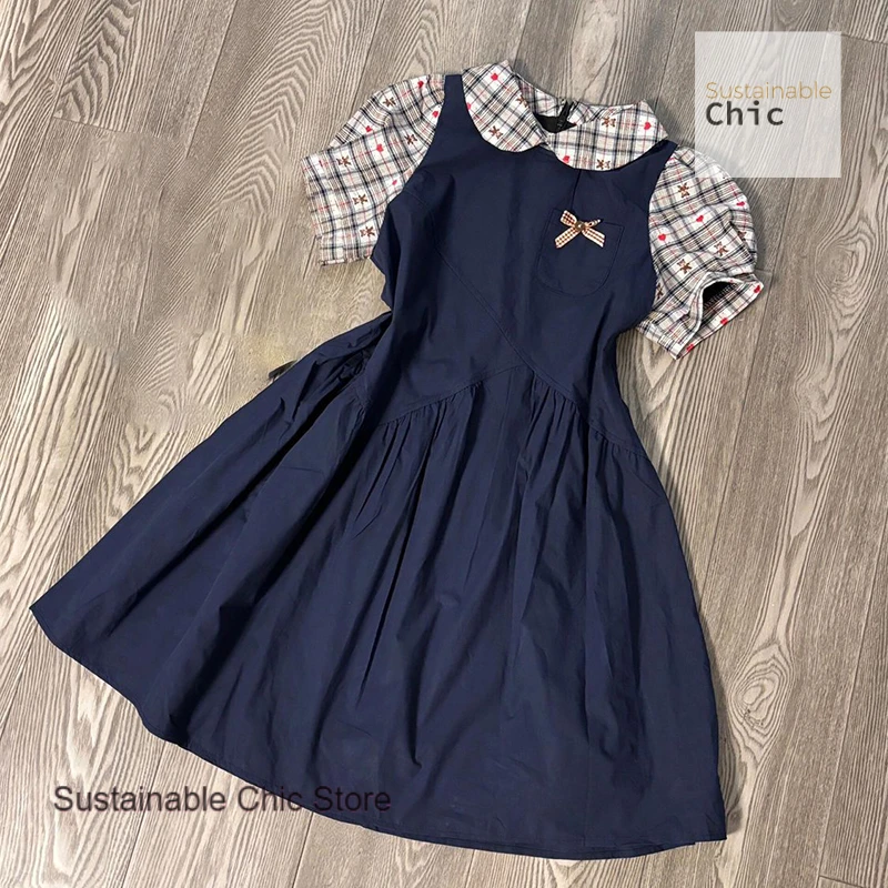 

Summer new sweet loose fake two-piece plaid stitching doll collar dress feminine Joker casual retro college fashion skirt