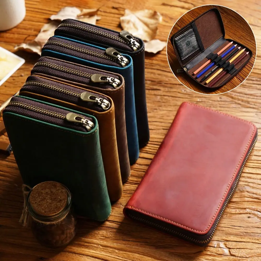 

Creative Cowhide Leather Pencil Case Mesh Storage Space Elastic Pen Insertion Pen Bag Waterproof Zipper Pen Pouch Student Gift