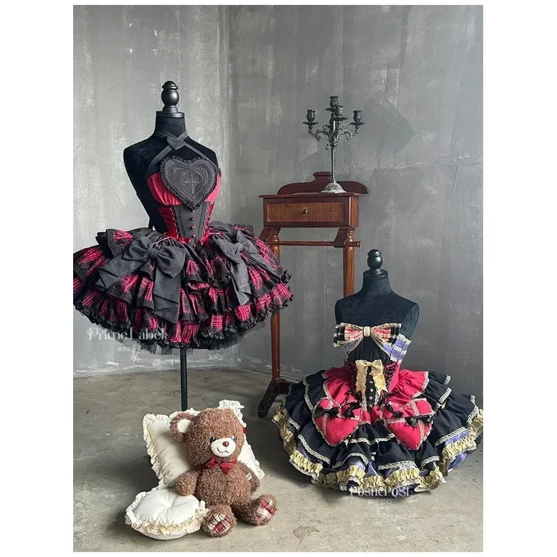 Vestido a cuadros rojo y negro de Lolita para Cosplay de alta calidad, vestido de princesa con cuello de lazo bonito y dulce para mujer, vestido de noche de fiesta ajustado gótico