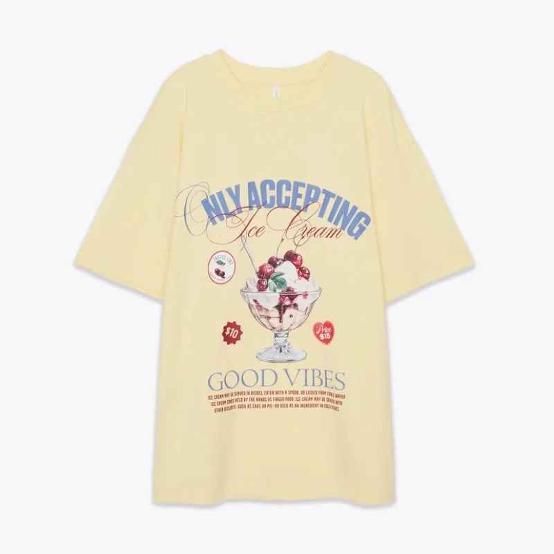 Chic Sweet Women Pale Yellow Oversized Cotton T-Shirt 