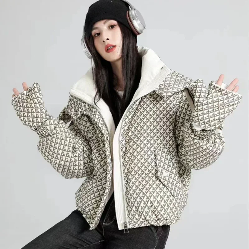 Winter Women\'s Jackets 2024 New White Duck Down Short Down Coats Thousand Bird Check Large Lapel Fashion Loose Thickened Jacket