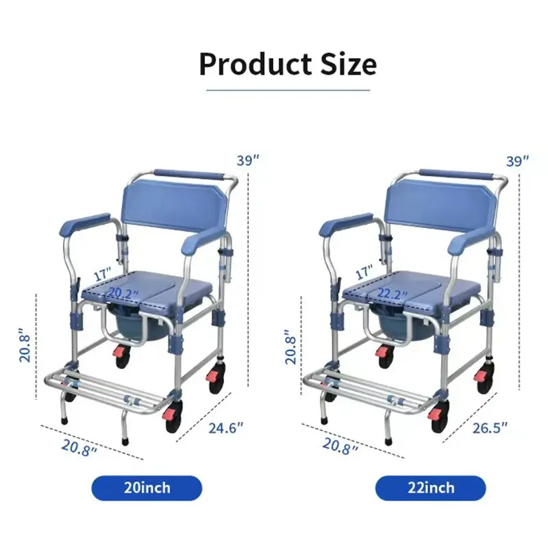 Aluminum 3-in-1 Lightweight Anti-Tip Bedside Shower Commode Chair Foldable Adjustable Portable Toilet Quiet Wheels 150kg