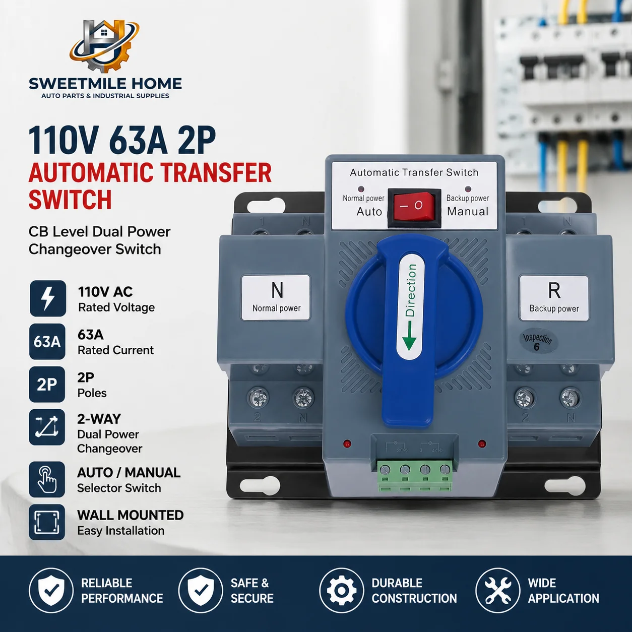 110V 63A 2P Automatic Transfer Switch CB Level Dual Power Changeover Switch 2-Way Auto Manual Selector Wall Mounted