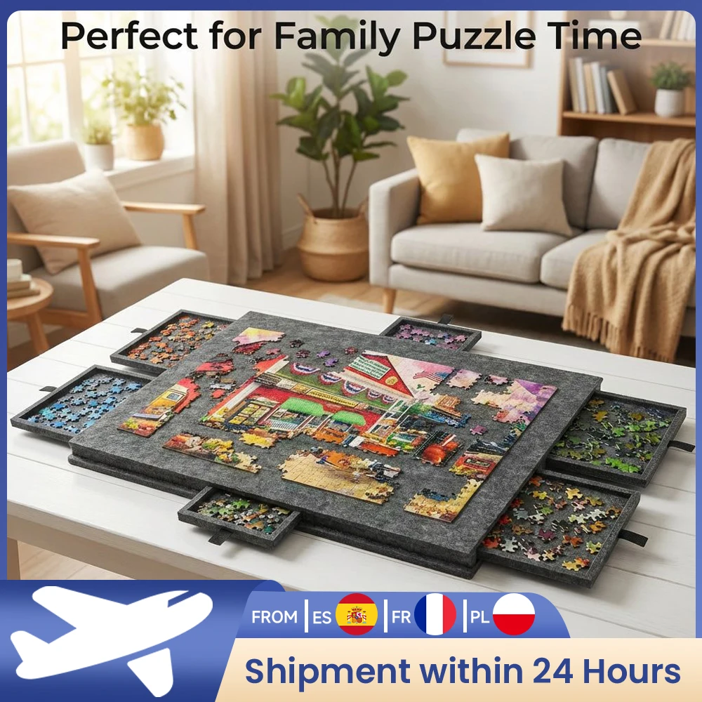 1 ensemble de table de rangement pour puzzles, gain de place, avec plateau organisateur à 6 tiroirs et dessus en feutre, pliable et portable pour l'organisation à domicile