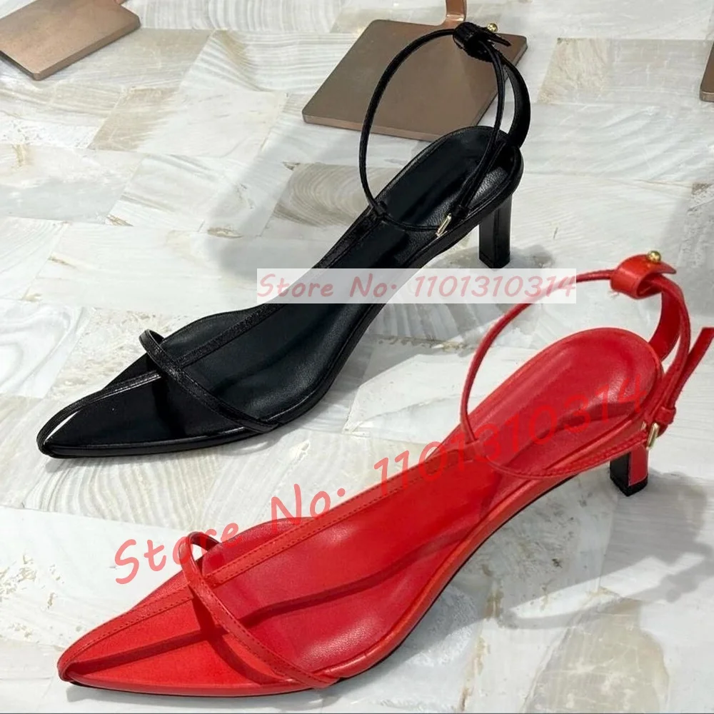 Red T-Bar Pointed Toe Sandals For Women Sexy Newest Ankle Strap High Heels Sandals Ladies Concise Trending Tie-up Dress Shoes