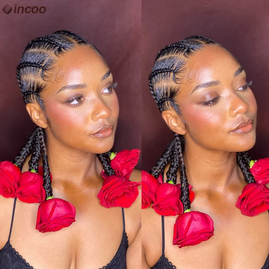 Synthetic Short Cornrow Braided Wigs Pigtails Full Lace Wig 6 Stitches Knotless Box Braids Wigs With Baby Hair For Black Women
