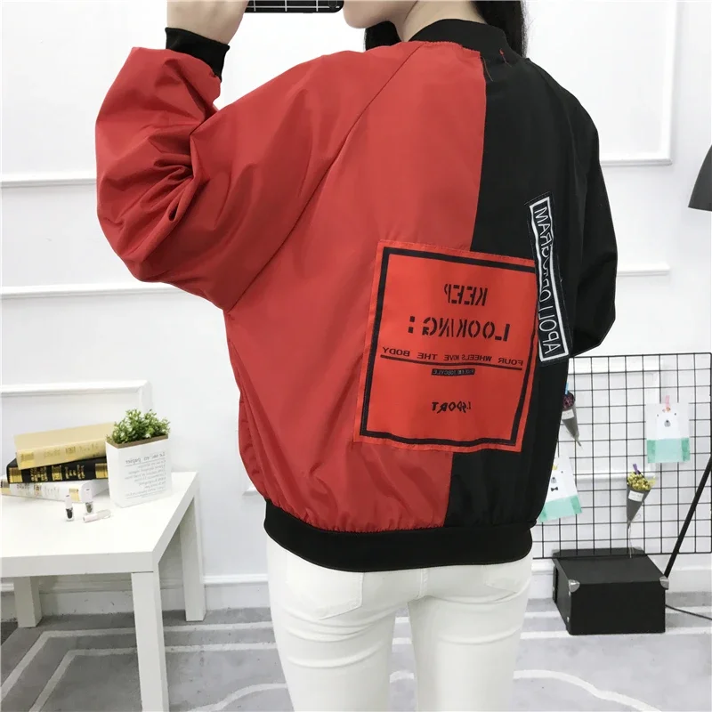 Bomber Jackets Women New Basic Jacket Fashion Color Collision Long Sleeve Zipper Windbreaker Outwear Female Baseball Coats