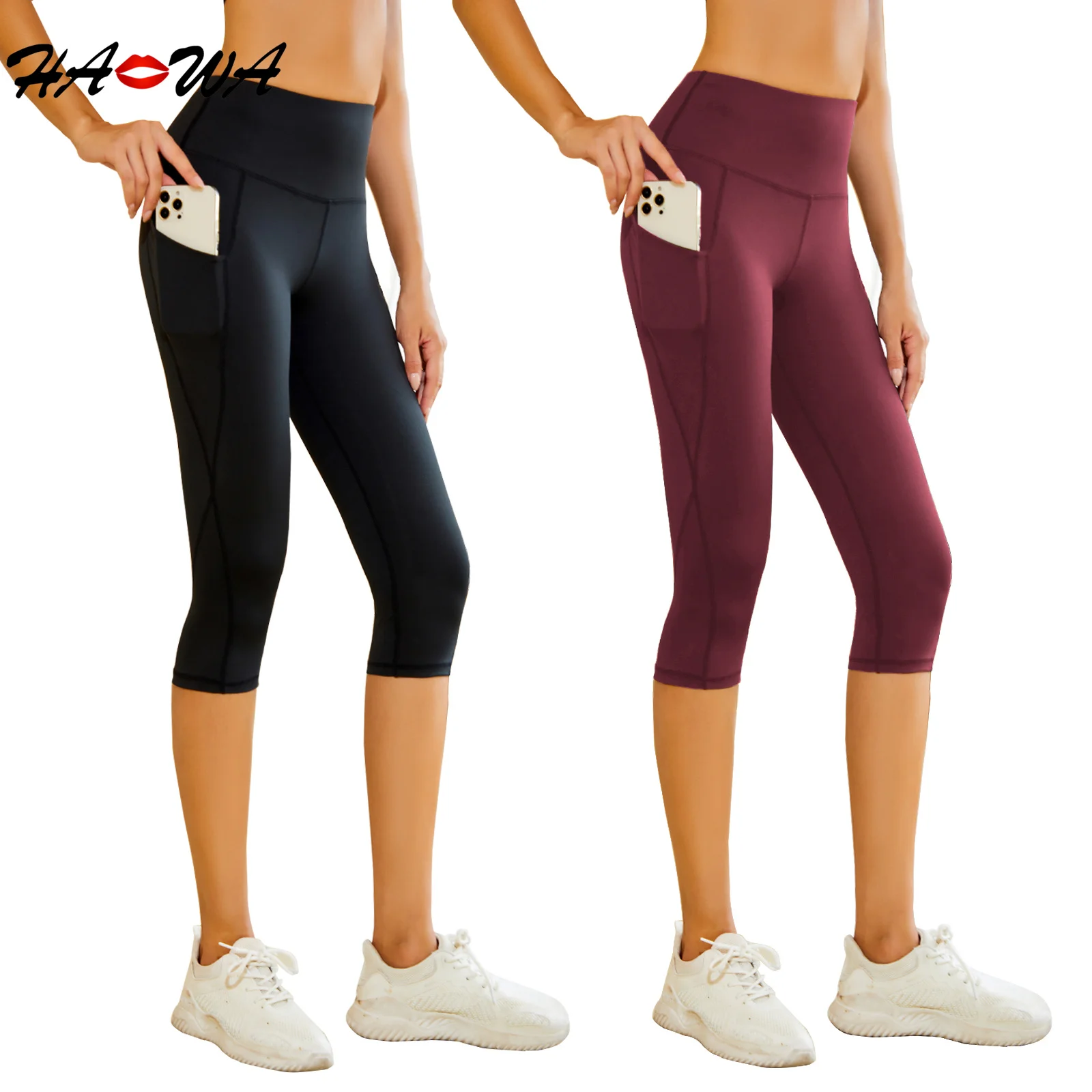 

HA WA 2 Piece Yoga Leggings Women Tummy Tightening High Waisted Workout Exercise High Elasticity Running Seven-point Pants