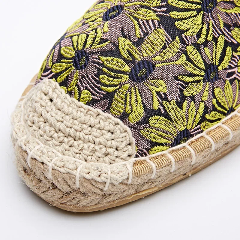 MVVJKE Fashion Ethnic Casual Espadrilles Flat  New Women Sunflower Printed Embroider Slip on Fishermen Hemp Rope Shoe