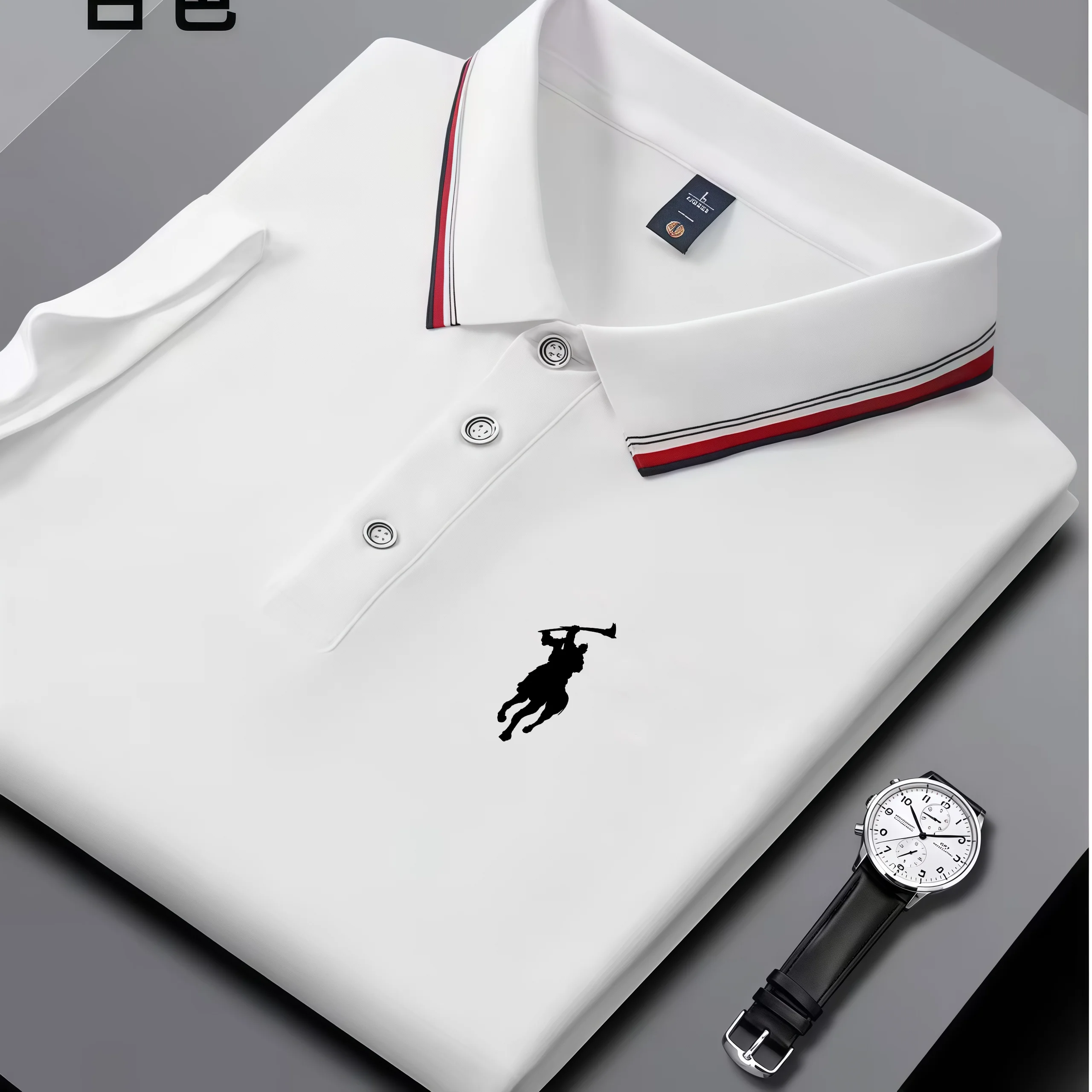Classic polo lapel decorated with red and white double stripe trim upgrade ordinary black topsmore fashionable and layeredeasy