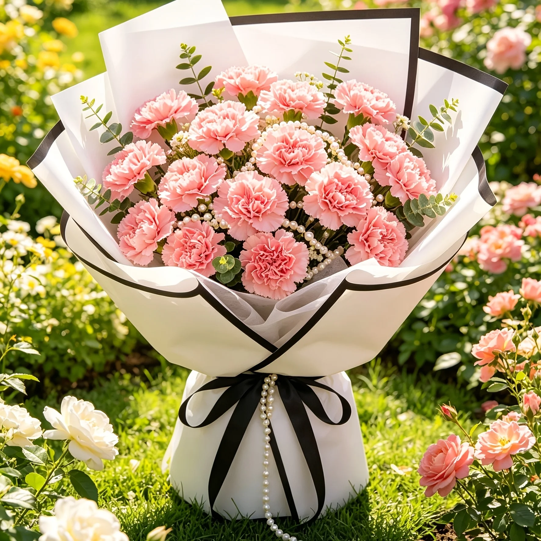 20 Sheets White Flower Bouquet Wrapping Paper with Black Border, Waterproof Florist Wrap for Wedding Birthday Gift DIY