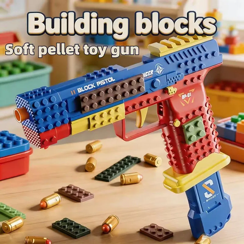 Creative Building Blocks Soft Bullet Toy Pistol, DIY Assembly Foam Dart Gun Model Kit for Kids Boys, Fun Outdoor Shooting Game