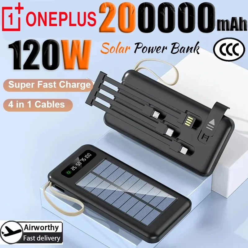 OnePlus 20000mAh solar power bank with large capacity and fast charging battery, dual USB 4-wire, suitable for iPhone and Xiaomi
