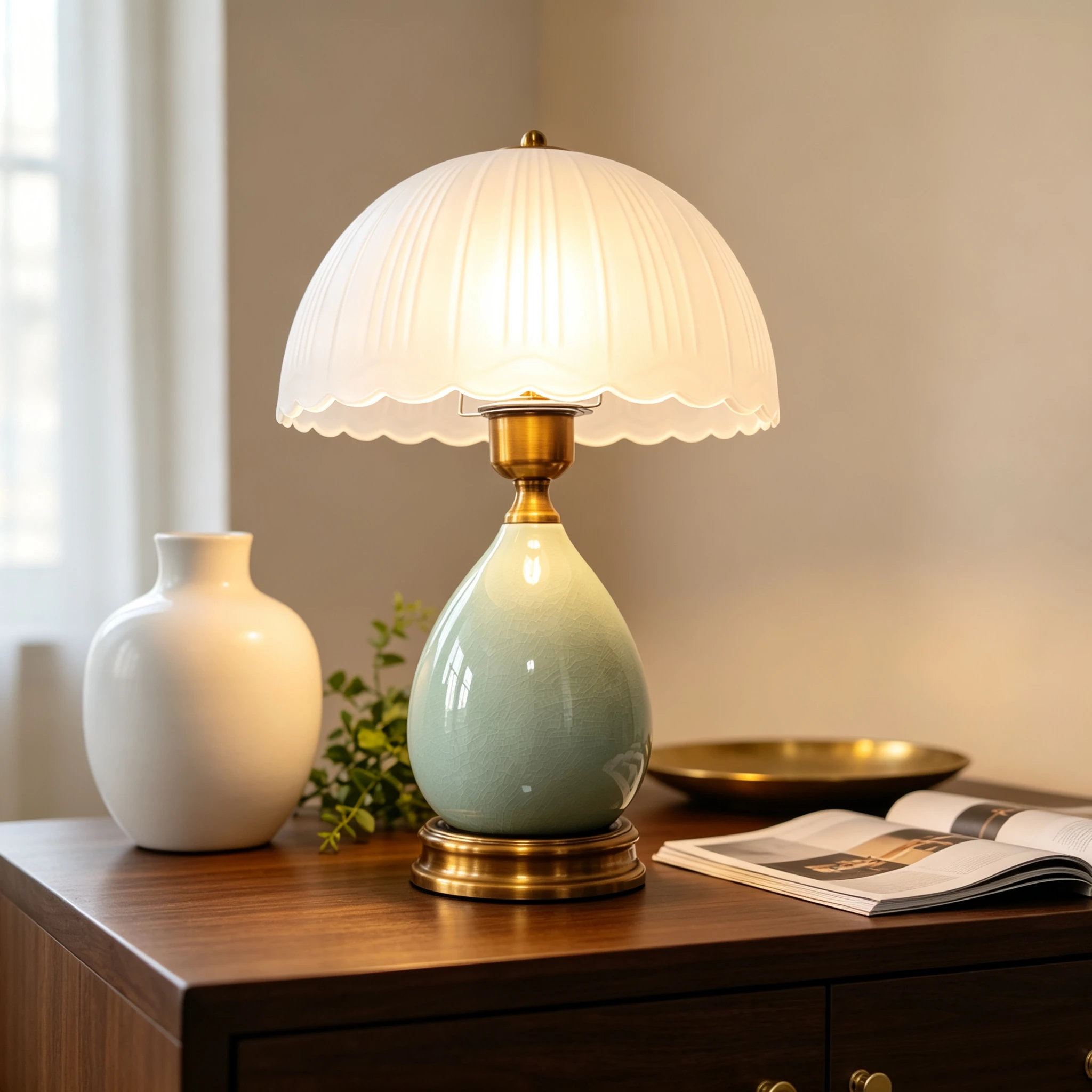 Elegant Vintage Green Ceramic Bedside Table Lamp, Pleated Frosted Glass Lampshade with Scalloped Edge, Gold Metal Base Decorative Desk Nightstand Lamp for Living Room Bedroom Hotel Home Office