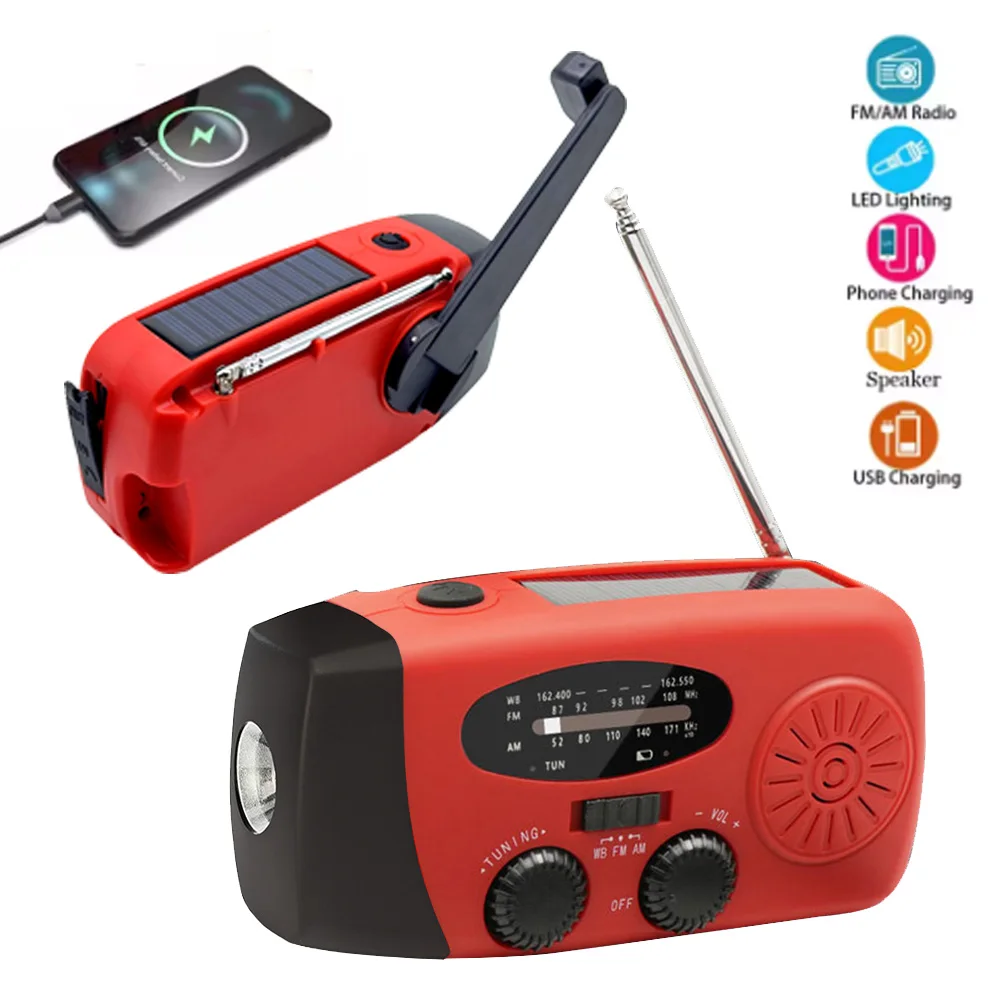 Emergency Radio Hand Crank Solar USB (FM/ AM）WB Weather Radios with Flashlight Power Bank 1200mAh LED Flashlight Power Bank
