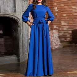 Vintage Bow Tie Maxi Dress 2024 Women Lantern Sleeve Long Party Dresses Autumn Elegant Floor-Length Dress Robe De Soiree