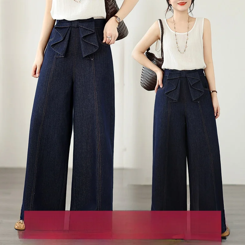 

plus Size High Waist Wide Leg Denim Pants Knot Blue Long Trousers Loose Fit Comfortable Cotton Blend Non-Stretch