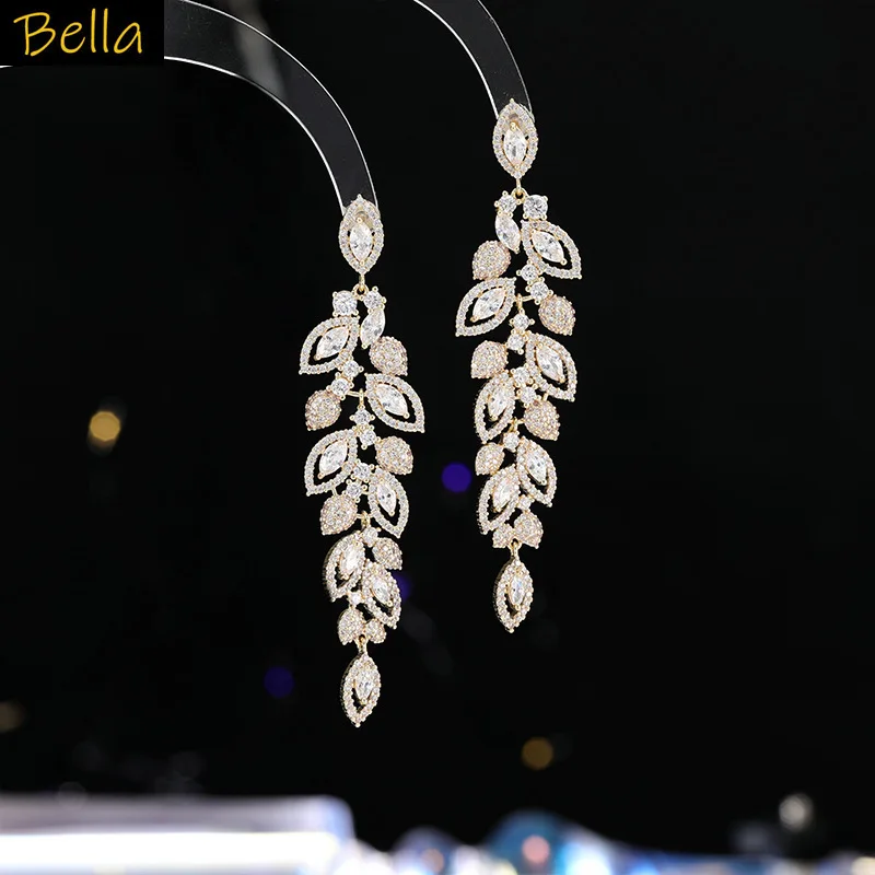 

leaf dangling earrings silver gold color zirconia luxury jewelry women earrings dinner party daily wear wedding jewelry