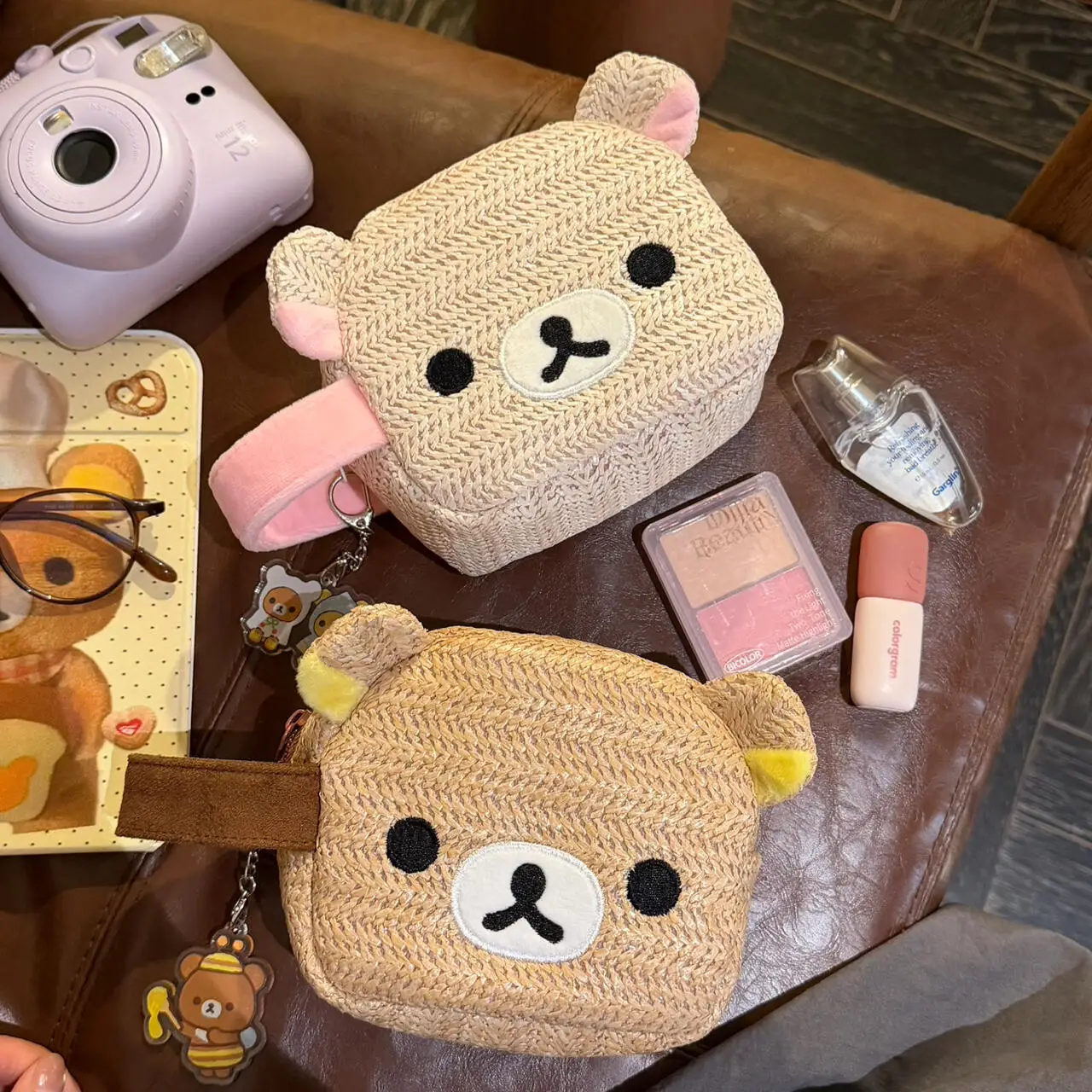 Cute Bear Straw Woven Cosmetic Bag, Cartoon Bear Portable Handheld Storage Pouch For Camera Makeup Small Items