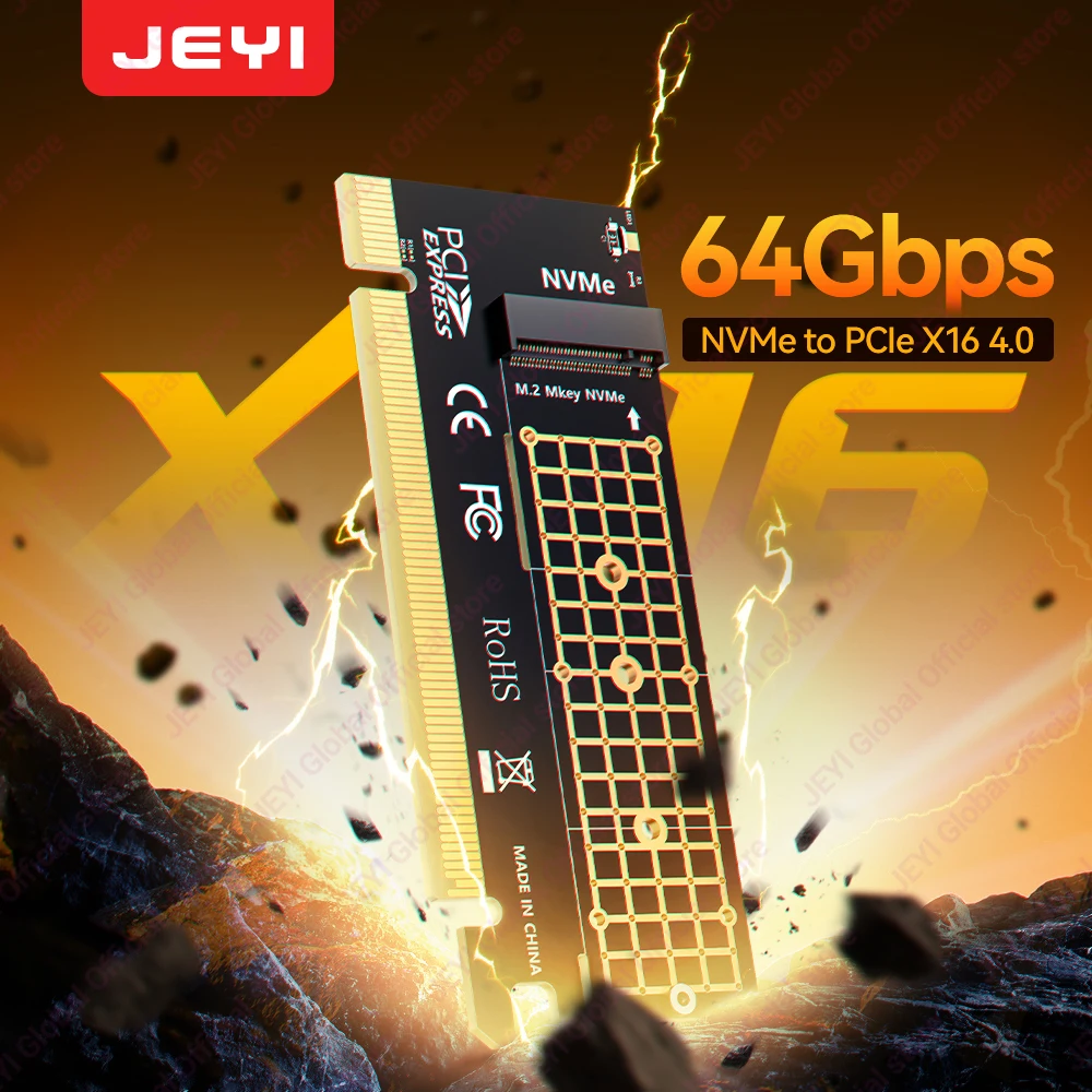 JEYI M.2 NVMe to PCIe 4.0 X16 Adapter Card, Supports 64Gbps & 4TB SSD Speed, Compatible with 2280/2260/2242/2230 NVMe SSDs