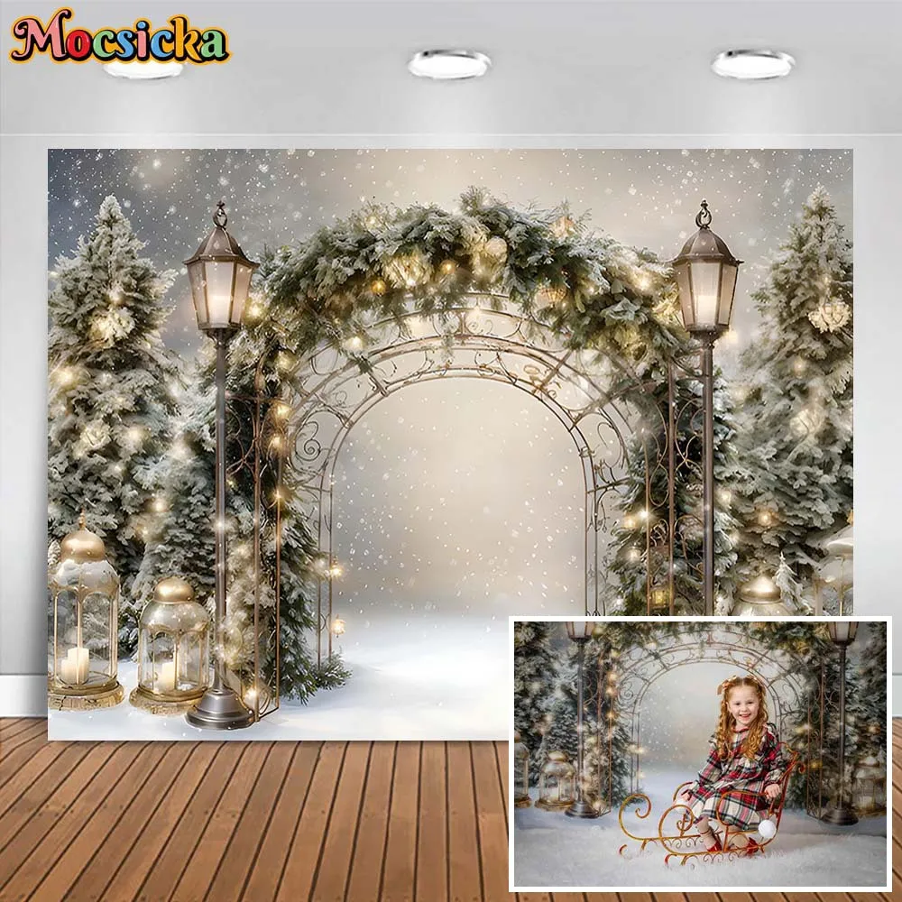 

Mocsicka Winter Snow Baby Kids Photography Backdrops Christmas Tree Arch Door Girl Photo Background Photo Studio Photocall Props