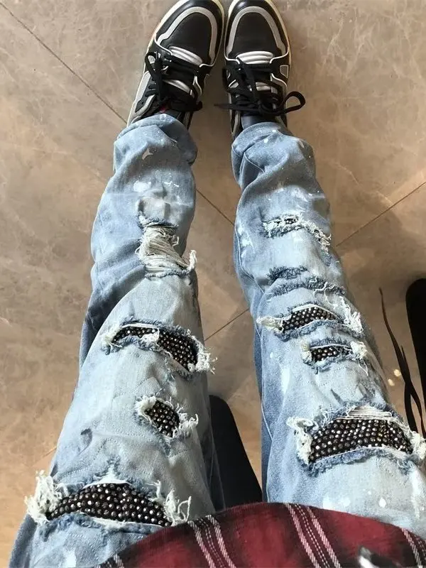 

Мужские джинсы премиум-класса с эффектом потертости, синие, с белыми стразами, винтажные, с дырками, зауженные, повседневные, износостойкие