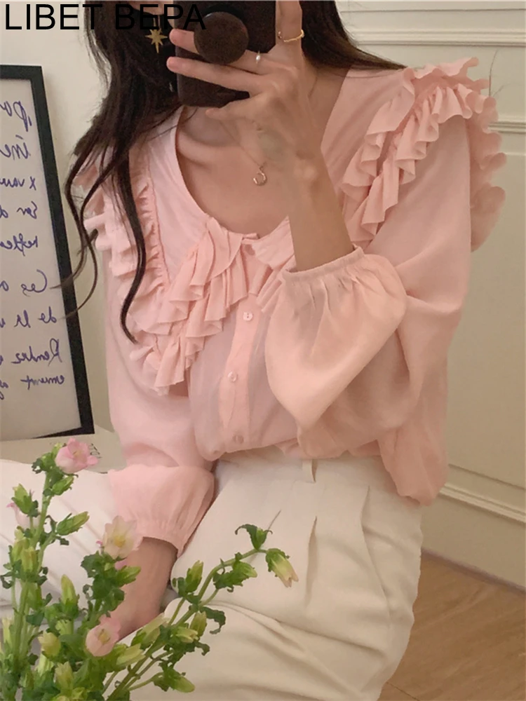 BL9506 New 2023 Ruffles Sweet Korean Fashion Wild Office Oversized Women Blouses Shirts Spring Vintage Elegant Lady Pink Tops