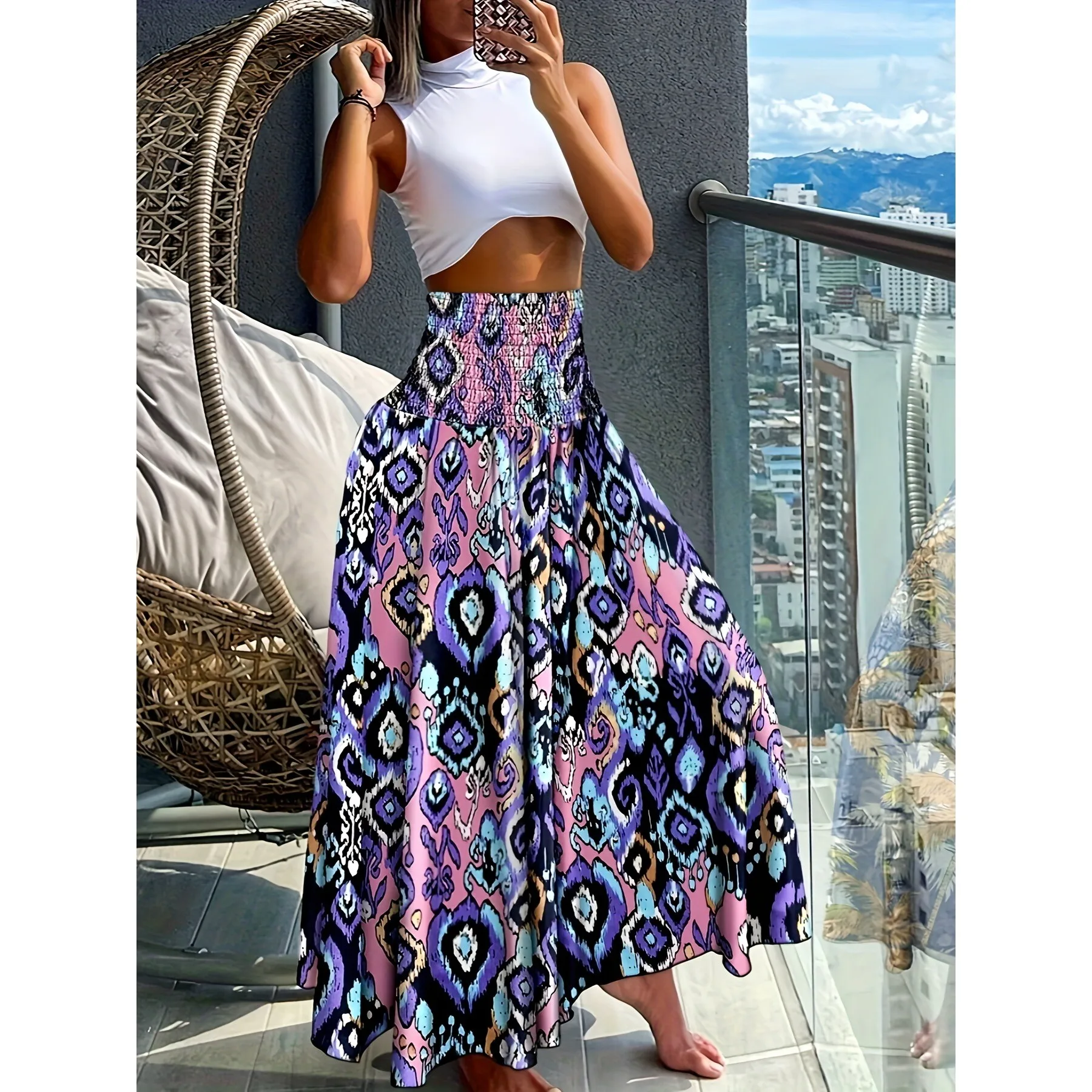 

Flared Midi Skirt Printed Waist Cinched Half-length Cross-border Floral Pattern Women's Fashion Spring Season Neutral Fit
