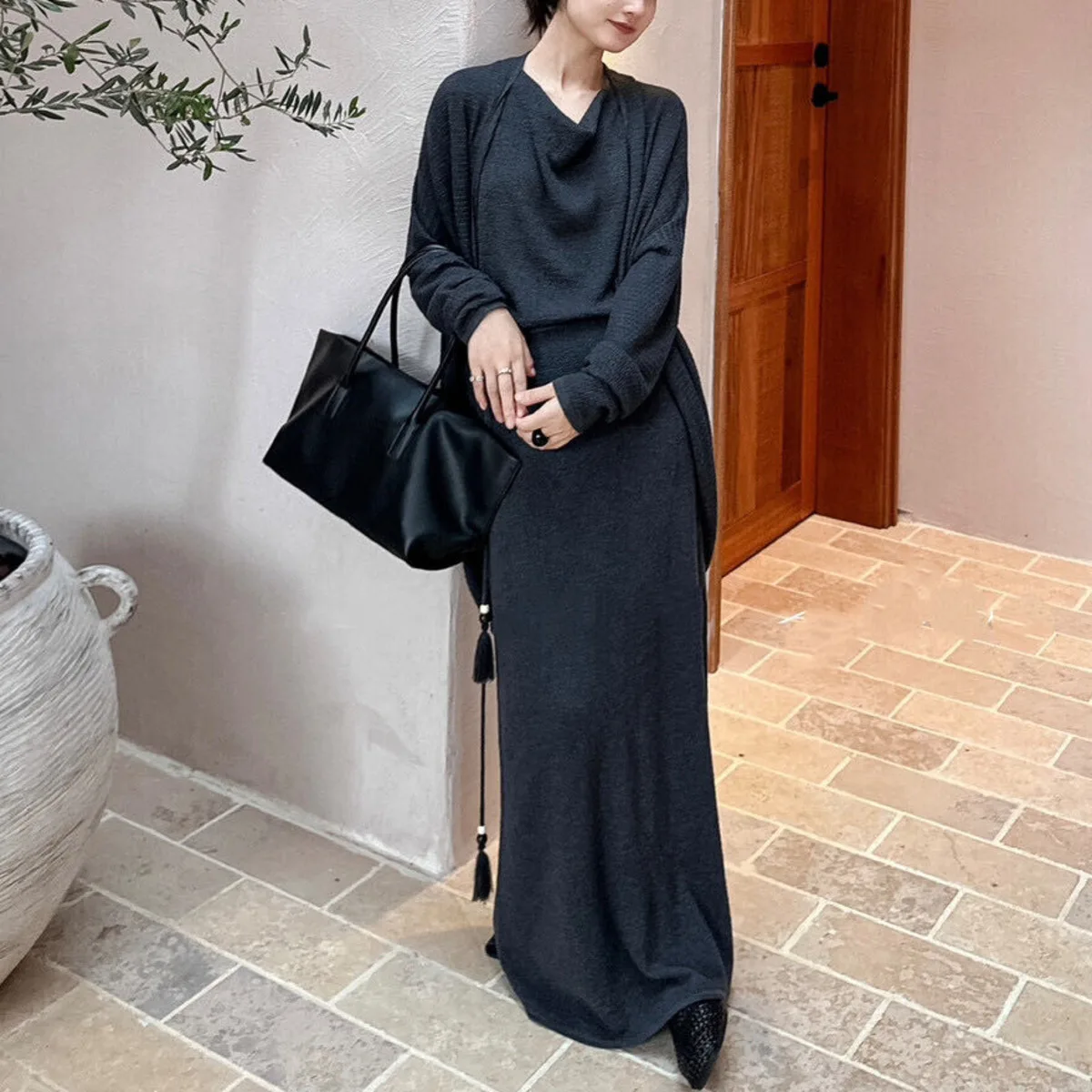 

KWTX Элегантный текстурированный вязаный кардиган и платье-комбинация с завязкой на талии - модный свободный крой, утягивающий повседневный наряд для ранней осени